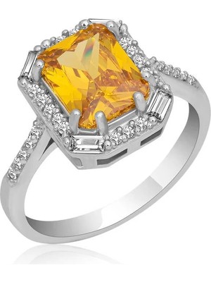 Inure Jewelry Gümüş Sarı Taşlı Baget Kare Kadın Yüzük