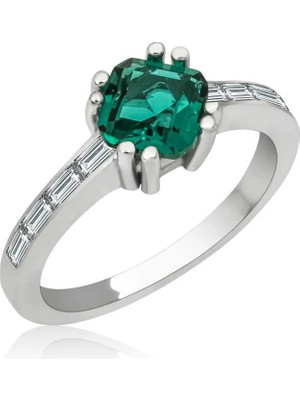 Inure Jewelry Gümüş Yeşil Baget Tek Taş Kadın Yüzük