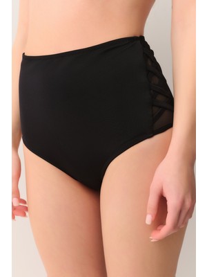 Suwen Siyah Yüksek Bel Yanı Biyeli Bikini Alt Örme Kumaş Kadınlar İçin Şık Tasarım