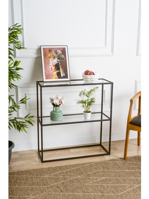 Feyza Design Yüksekli 85 Cm, Siyah Metal Dresuar ve Dekoratif Raflı Konsol