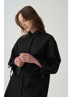 ALLDAY Siyah-Kolu Büzgü Detaylı Denim Gömlek