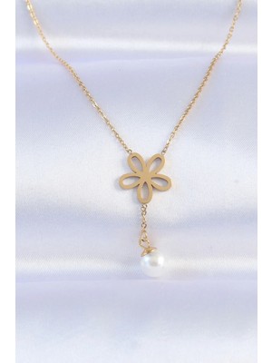Uslucan Alışveriş 316L Çelik Zincir Gold Renk Inci Detay Çiçek Kolye