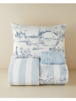 English Home Striped Jouy Pamuklu Çarşaflı Tek Kişilik Nevresim Takımı 160X220 cm Mavi