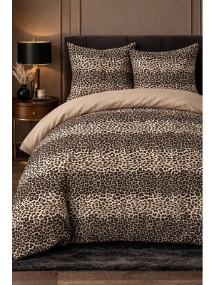 More Home  Çift Kişilik Yorgan Kılıfı + Yastık Kılıfı  (Çarşafsız) Leopar Bej