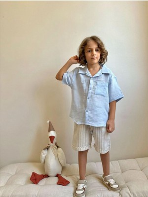 Butik Erkek Çocuk %100 Pamuklu Alt - Üst Gömlekli Şortlu 2'li Takım Pamuklu Kumaş