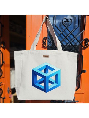 Bumudur Aksesuar Mavi Geometrik Küp Tasarımı Blue Geometric Cube Design Baskılıı Naturel Kanvas Bez Çanta Sap Beyaz Cırt Cırtlı Suluk Tutuculu - Büyük