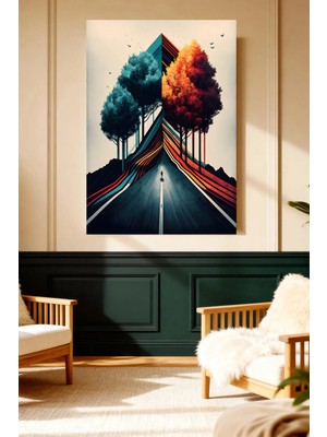 Mushen Studio Mushen Studıo Soyut Renkli Yol Ağaçlı Perspektif Modern Çerçevesiz Kanvas Tablo Dekoratif Duvar