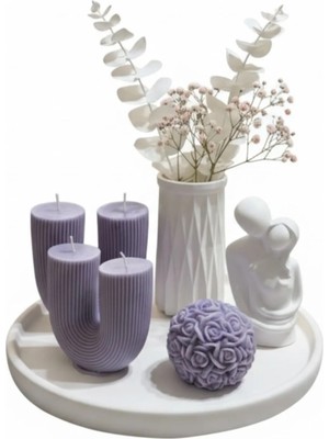 Tepsili Dekor Set – Mum, Vazo ve Figürlü Obje 5 Parça