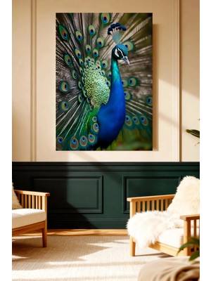 Mushen Studio Mushen Studıo Renkli Tavus Kuşu Figürlü Mavi Yeşil Çerçevesiz Kanvas Tablo Dekoratif Duvar