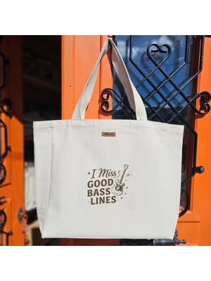 Bumudur Aksesuar Kahverengi Gitar Figürü ile Müzik Temalı Logo ve Modern Nostaljik I Miss Baskılıı Naturel Kanvas Bez Çanta Sap Beyaz Cırt Cırtlı Suluk Tutuculu - Küçük
