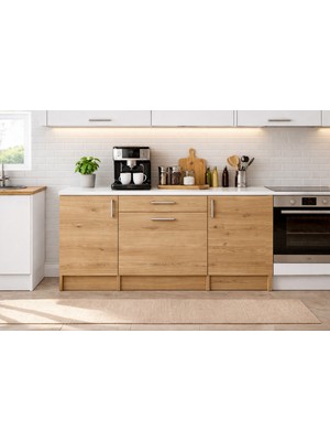 T Designo Kali Alt Modül-Çok Amaçlı Dolap -140 cm -3 Kapaklı-1 Çekmeceli-Laminat Beyaz Tezgah Dahil