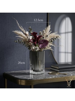 Ada Crafts Line Füme/gri Cam Dekoratif Vazo – Modern Füme Çizgili Çiçek Vazosu, Salon ve Masa Dekoru - 20 cm