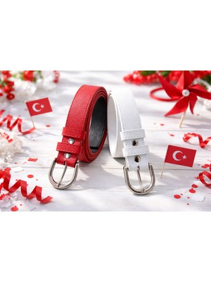 Canaris 23 Nisan Çocuk Kemeri Kırmızı Beyaz 3 cm Suni Deri Unisex Okul Gösteri Kemer Seti