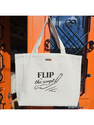 Bumudur Aksesuar Siyah Logo Kalem Detayı Modern Stil Flıp Baskılıı Naturel Kanvas Bez Çanta Sap Beyaz Cırt Cırtlı Suluk Tutuculu - Büyük