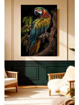 Mushen Studio Mushen Studıo Renkli Ara Papağan Siyah Fon Dal Figürlü Çerçevesiz Kanvas Tablo Dekoratif Duvar