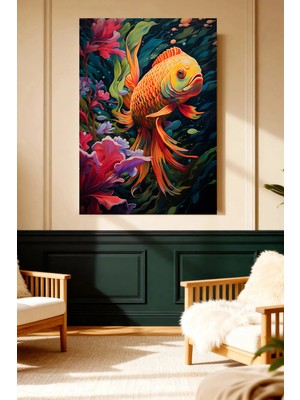 Mushen Studio Mushen Studıo Renkli Koi Balığı Sualtı Çiçekli Çerçevesiz Kanvas Tablo