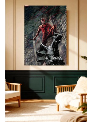 Mushen Studio Mushen Studıo Marvel Daredevil Yağmurlu Şehir Gargoyle Çerçevesiz Kanvas Tablo