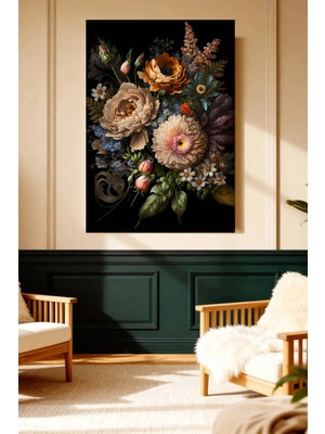 Mushen Studio Mushen Studıo Siyah Fon Renkli Çiçek Buketi Lüks Floral Çerçevesiz Kanvas Tablo