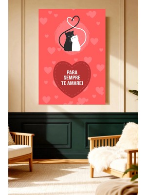 Mushen Studio Mushen Studıo Romantik Siyah Beyaz Kediler Kalpli Para Sempre Te Amarei Çerçevesiz Kanvas Tablo