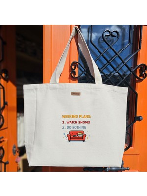 Bumudur Aksesuar Kırmızı Koltuk + Eğlenceli Yazı Stil ve Renkli Baskılıı Naturel Kanvas Bez Çanta Sap Beyaz Cırt Cırtlı Suluk Tutuculu - Küçük