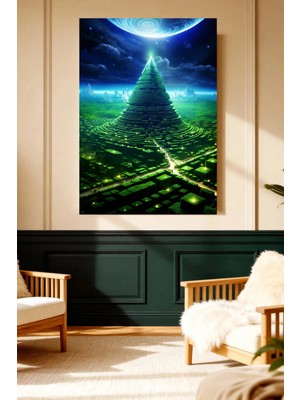 Mushen Studio Mushen Studıo Mistik Yeşil Piramit Galaksi Gezegeni Gece Manzarası Çerçevesiz Kanvas Tablo