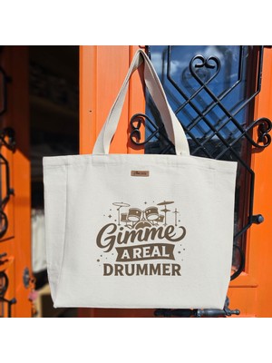 Bumudur Aksesuar Kahverengi Davulcu Logo Tasarımı Modern Gimme A Real Drummer Baskılıı Naturel Kanvas Bez Çanta Sap Beyaz Cırt Cırtlı Suluk Tutuculu - Büyük