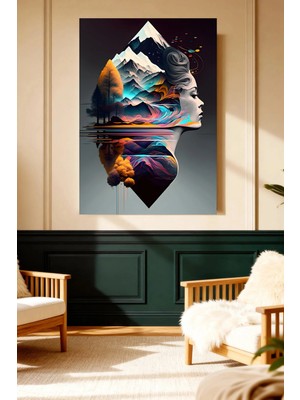 Mushen Studio Mushen Studıo Sürreal Kadın Profili Dağ Orman Soyut Modern Çerçevesiz Kanvas Tablo