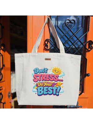 Bumudur Aksesuar Mavi Gökkuşağı Logo Detayı Eğlenceli Stil Pozitif Mesaj Içeren ve Renkli Baskılıı Naturel Kanvas Bez Çanta Sap Beyaz Cırt Cırtlı Suluk Tutuculu - Büyük