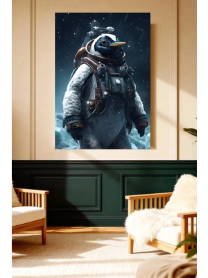 Mushen Studio Mushen Studıo Astronot Penguen Uzay Kostümlü Karlı Gece Çerçevesiz Kanvas Tablo