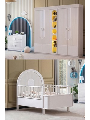 Setay Vira Çocuk Odası, Venüs Büyüyen Beşik, Vira 4 Kapaklı Kitaplıklı Dolap, 4 Çekmeceli Şifonyer - Beyaz