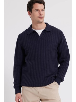 Tudors Erkek Lacivert Polo Yaka Standart Fit Normal Kesim Desenli Kazak