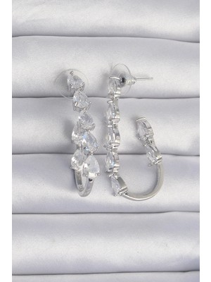 Uslucan Alışveriş Pirinç Gümüş Renk Damla Zirkon Taş Tasarımlı Küpe