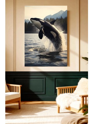 Mushen Studio Mushen Studıo Sıçrayan Orka Balinası Dağlık Deniz Manzarası Çerçevesiz Kanvas Tablo