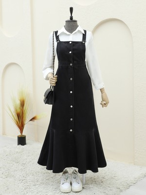 Modamorfo Önden Düğmeli Kolsuz Fırfırlı Kot Jile Siyah Pamuk - Polyester Malzeme ile Trend Tasarım