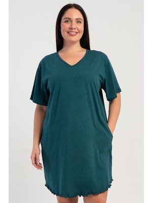 Vienetta Kadın V Yaka Büyük Beden Kısa Kol Yeşil Gecelik C1T2N0215