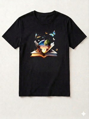 Alza Design Unisex Siyah Bisiklet Yaka Kitap ve Hayal Dünyası Illüstrasyon Baskılı Tişört