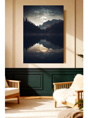 Mushen Studio Mushen Studıo Dolunay Göl Yansıması Orman Gece Manzarası Çerçevesiz Kanvas Tablo