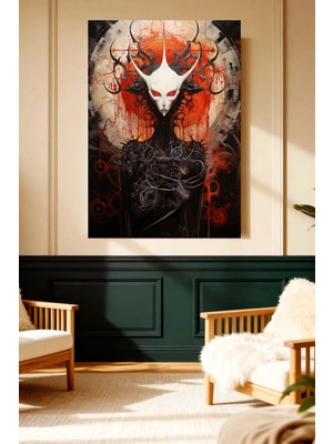 Mushen Studio Mushen Studıo Kırmızı Gözlü Boynuzlu Karanlık Fantastik Figür Çerçevesiz Kanvas Tablo