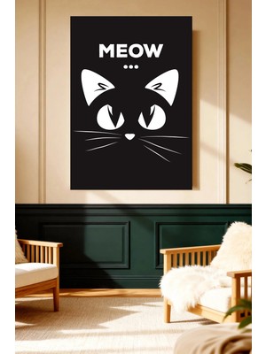 Mushen Studio Mushen Studıo Meow Minimalist Kedi Yüzü Siyah Fon Çerçevesiz Kanvas Tablo