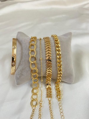 Trenddora Altın Kaplama Kadın Lüks Trend Kelepçe Kombin Bileklik