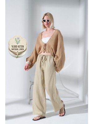Maule %100 Keten Bağcıklı Rahat Kalıp Dokuma Kadın Pantolon @varuna
