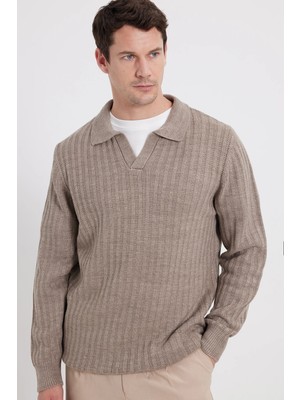 Tudors Erkek Standart Fit Normal Kesim Polo Yaka Kahverengi Kazak