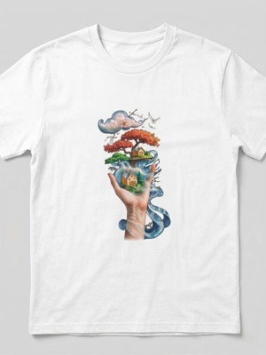 Alza Design Unisex Beyaz Bisiklet Yaka Sürreal El ve Doğa Illüstrasyon Baskılı Tişört