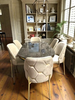 Msy Home 6 Kişilik Ada Gold Serisi Ironi Masa Yönsüz Kumaş Lüks ve Modern Yemek Odası Takımı