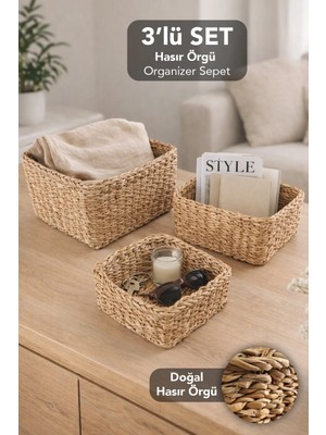 Meleni Home 3'lü Kare Hasır Sepet Seti - Dekoratif Çok Amaçlı Mutfak Banyo Düzenleyici Organizer Kutu