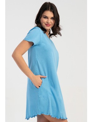 Vienetta Kadın V Yaka Kısa Kol Mavi Gecelik C0T3N0215