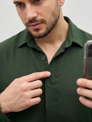 Alfanora Erkek Aerobin Kumaş Oversize 4 Mevsim Uzun Kollu Rahat Kalıp Gömlek - Haki