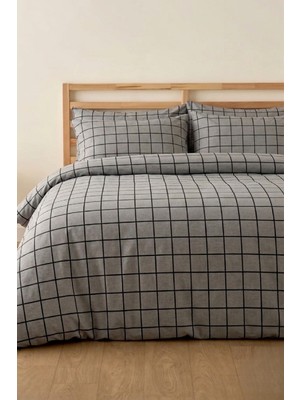 Laliva Gri Kareli Çift Kişilik Çarşafı Lastikli-Pamuk Nevresim Takımı-