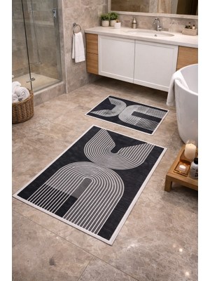 Mulberry Modern Çizgili Çerçeve Banyo Paspası Kaydırmaz Tabanlı Yumuşak 2’li Set