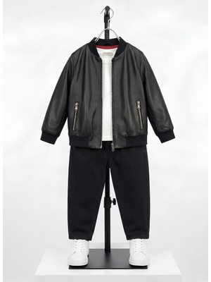 Asus Deri - Bobbı - Hakiki Kuzu Derisi Kolej Model Siyah Unisex Çocuk Ceket